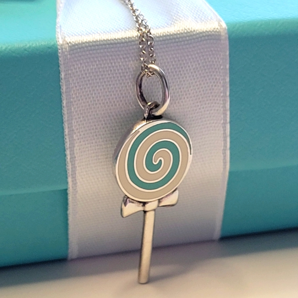 Tiffany & Co 925 Sterling Silver Lollipop Blue Enamel/clasping ring/Necklace 16"
